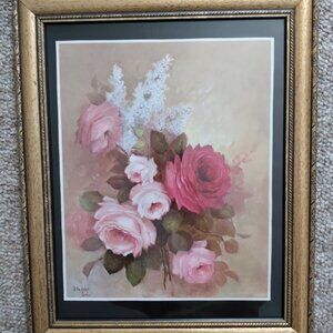 Vintage Lola Ades Print Titled "Roses With Lilacs" Framed 16 x 13, Signed